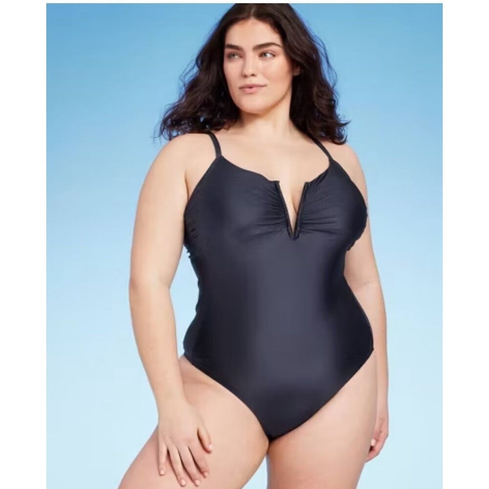 NWT Shade & Shore Shirred V-Wire Plunge One Piece Swimsuit Dark Gray Shine